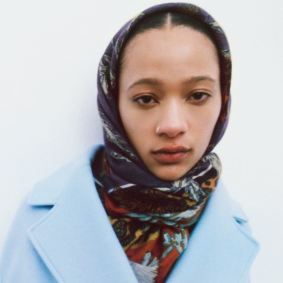 NWT. Zara Orange/Blue 100% Wool Printed Scarf. - Picture 2 of 9